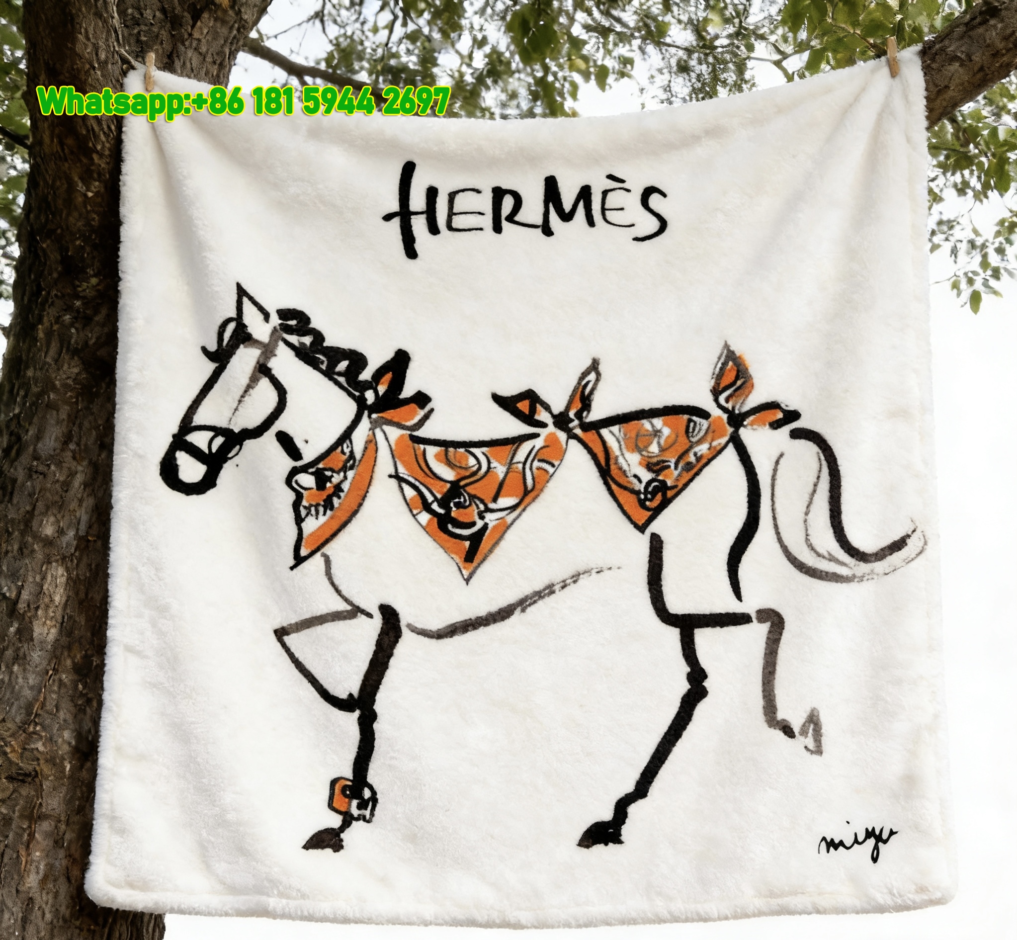 Hermès Hand-Drawn Horse Flannel Fleece Throw Blanket IMG_5018